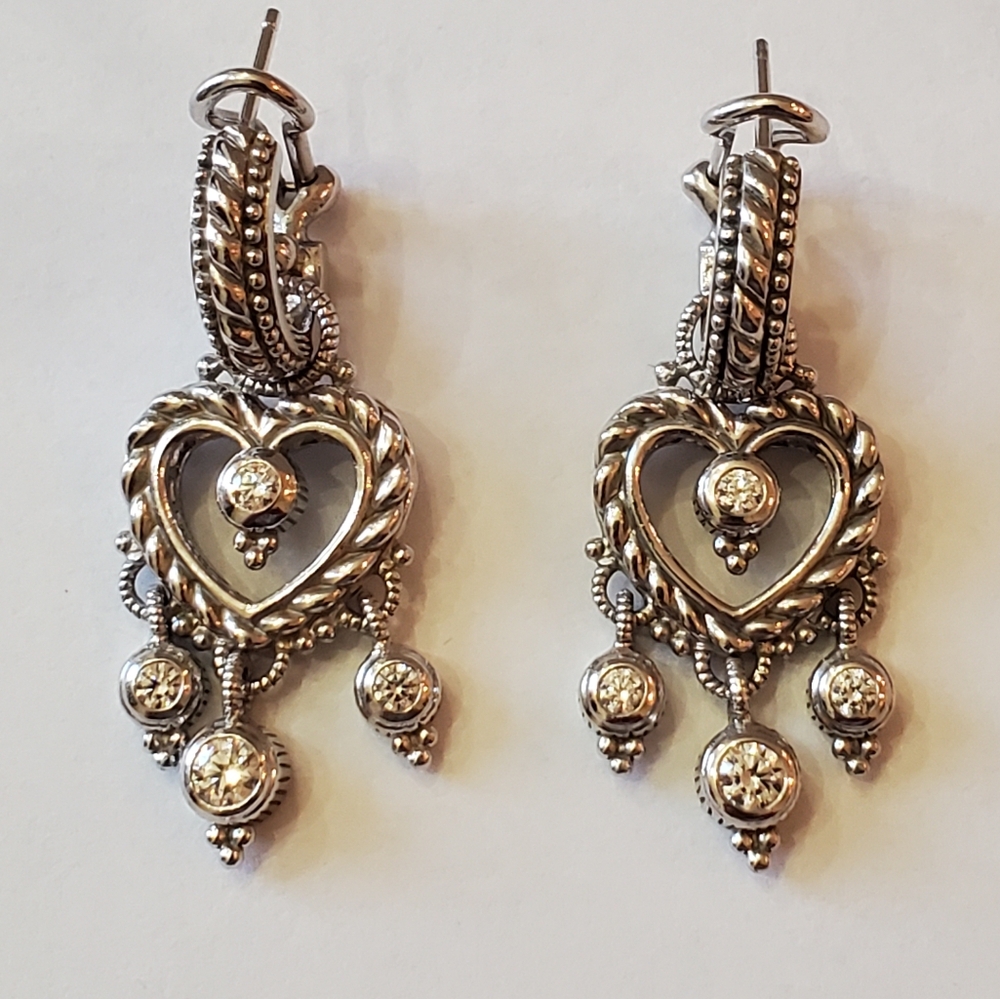 Judith Ripka Polished Silver Heart Drop Earrings with Beaded Dangles